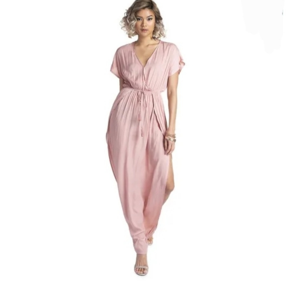 Flutter Sleeve Plunging Vneck Fabric Tie Belt Satin MaxiDress Rose